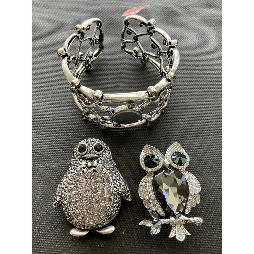 Vintage Owl & Penquin Magnetic Changeable Silver Tone Cuff Bracelet Costume Jewe